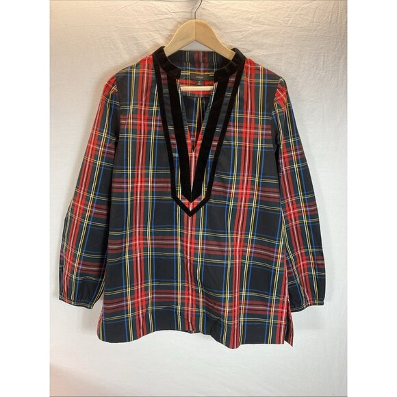 J Crew Blouse Women’s Sz M Stewart Tartan Plaid Velvet trim tunic holiday - Picture 1 of 8